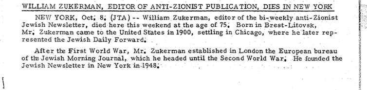 A 1961 death notice for a man named William Zukerman, described as the editor of an 'anti-Zionist publication.'
