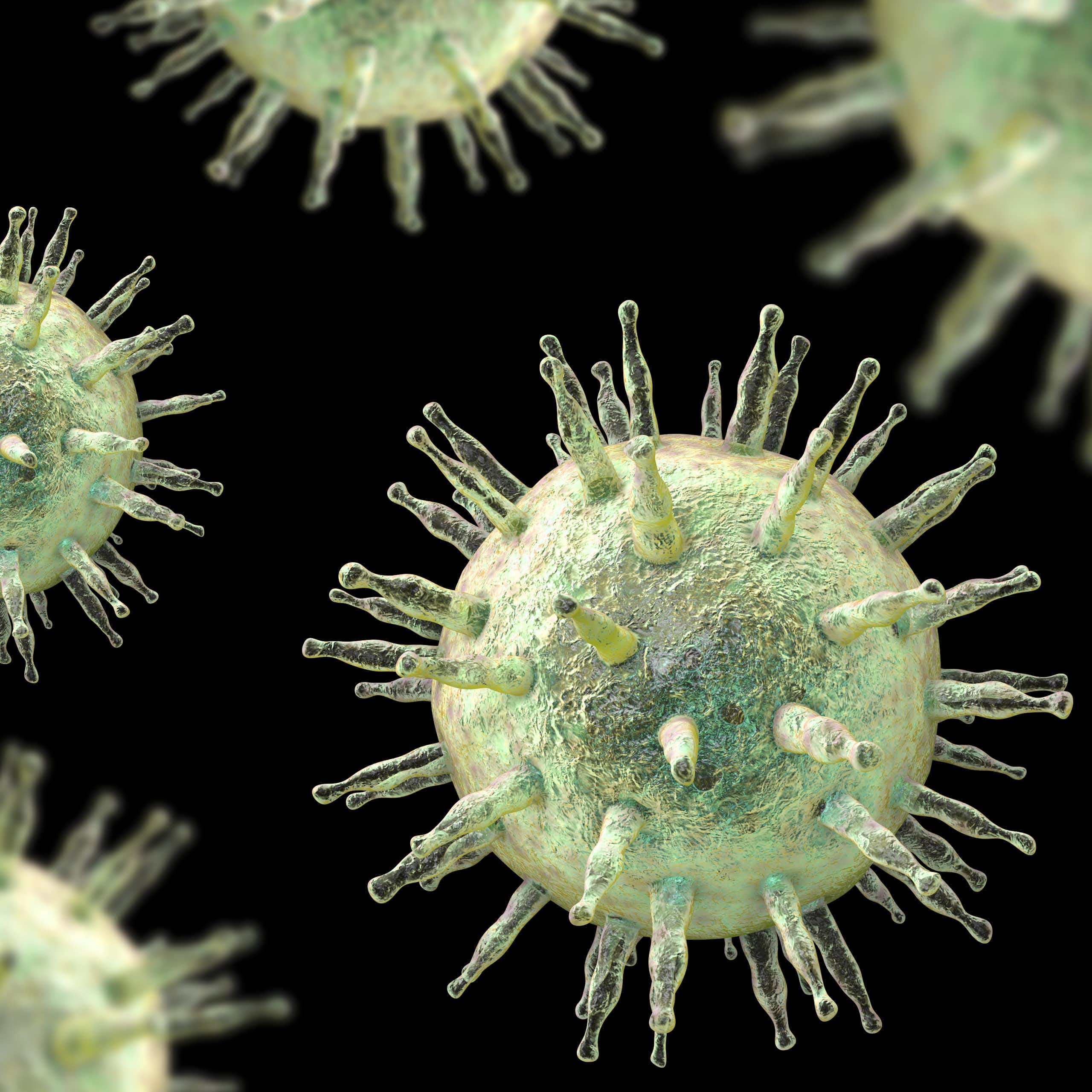 A digital depiction of Epstein-Barr virus as it would appear under a microscope.