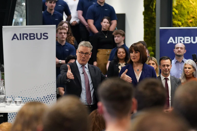 Labour leader Keir Starmer and Shadow Chancellor Rachel Reeves on a recent visit to the Airbus factory in Stevenage.