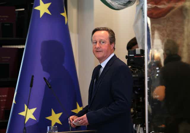 David Cameron walking past a European flag.