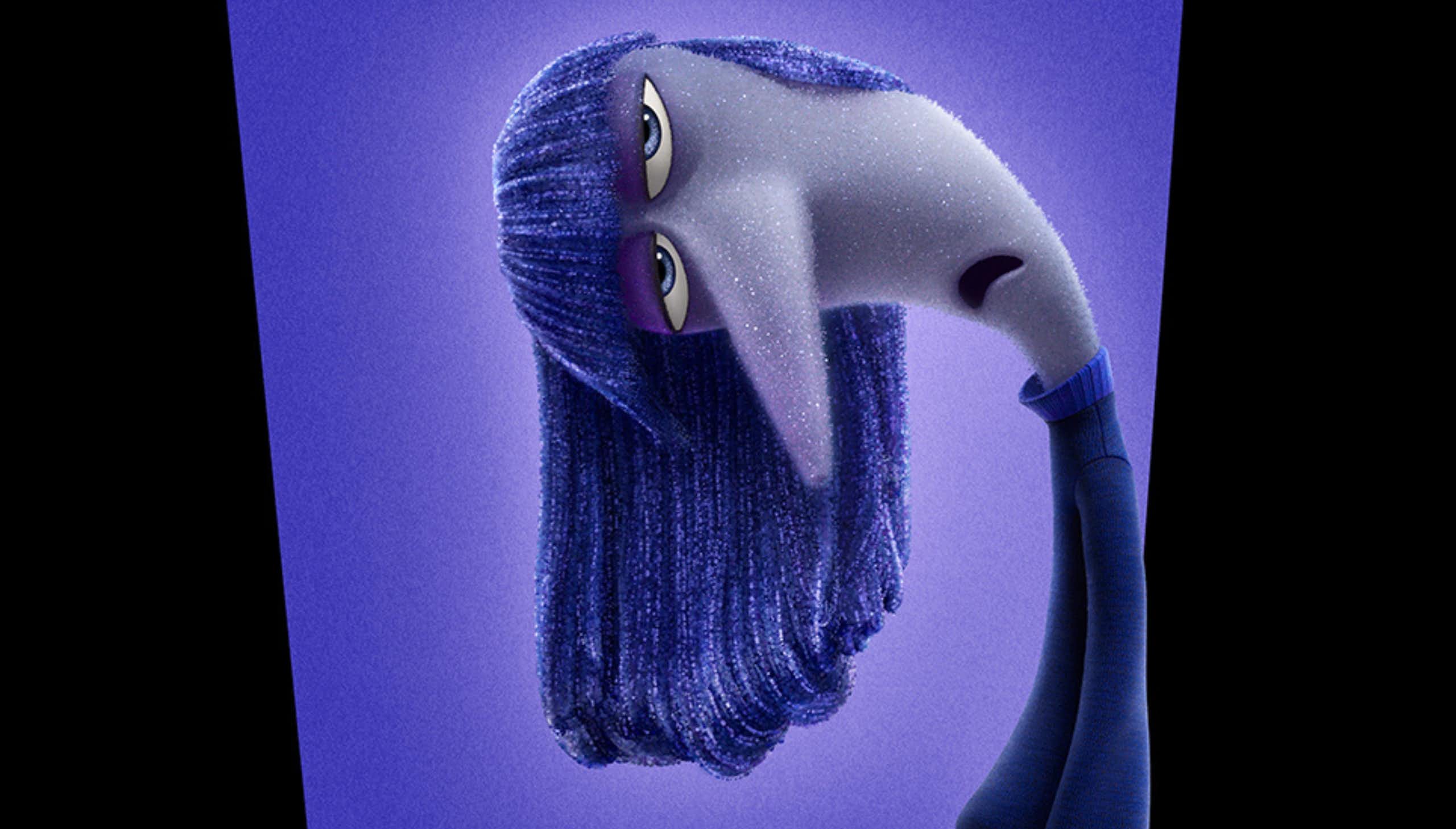 The character of ennui, leaning to one side with long purple hair