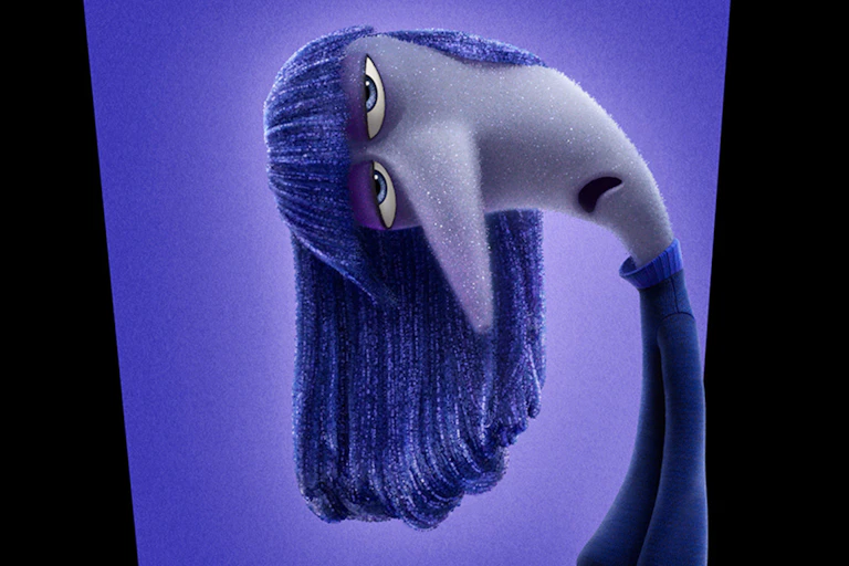 The character of ennui, leaning to one side with long purple hair