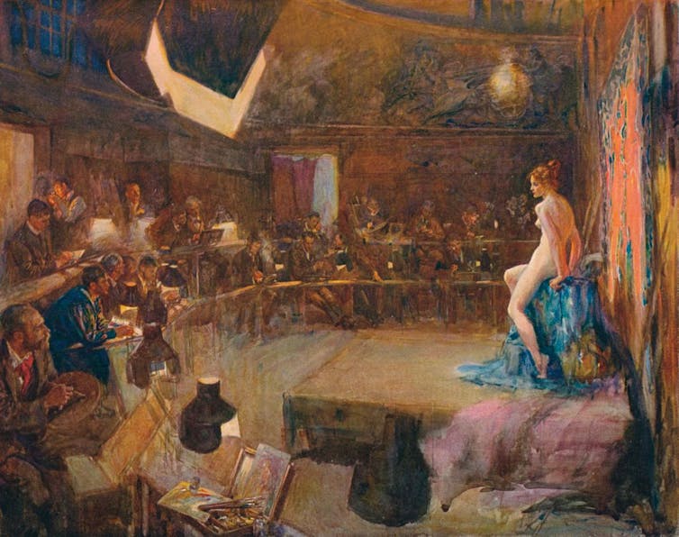 A colorful painting of a group of students sitting in a semicircle drawing a nude model to pose for them on a stage.