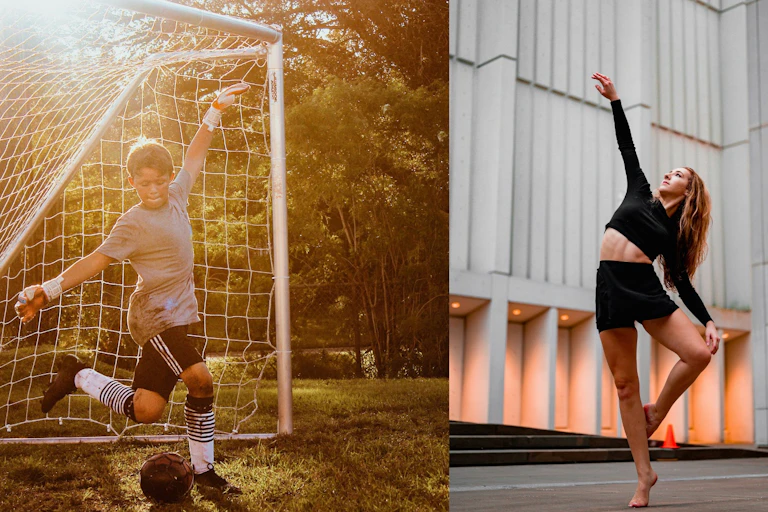 A boy playing soccer and a woman dancing