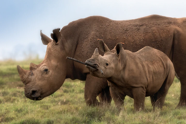 A parent and baby rhino stand in the wild with their horns on full display. The baby is carrying a stick in its mouth.