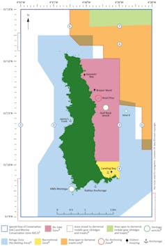 green island in centre, coloured blocks around to indicate different conservation zones