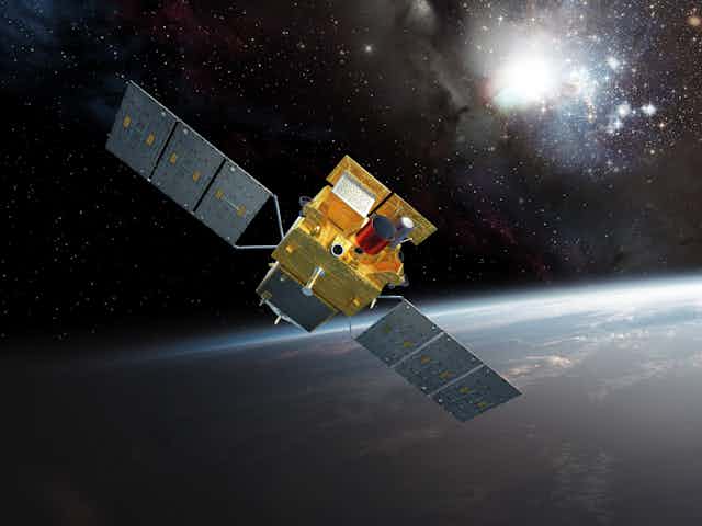 Vue d'artiste du satellite SVOM en orbite autour de la Terre.