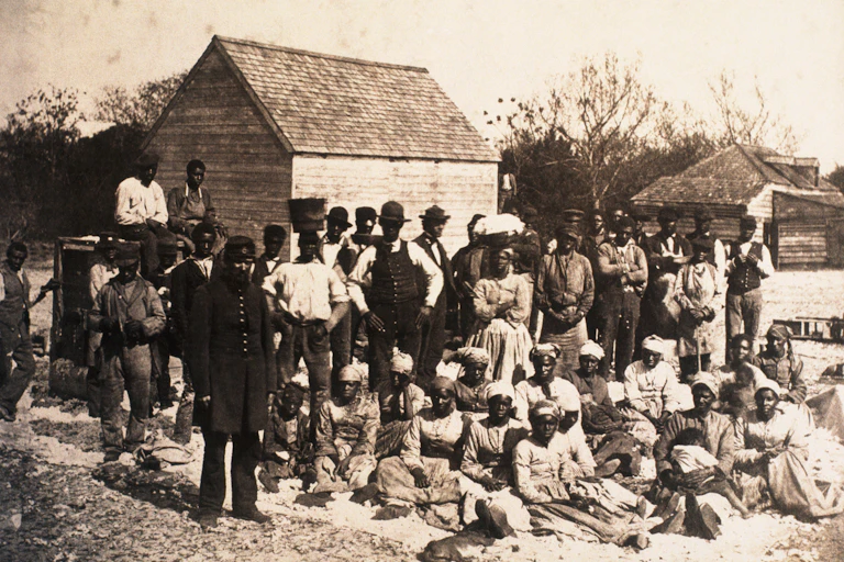 A group of Black people stand and sit in front of several small buildings.