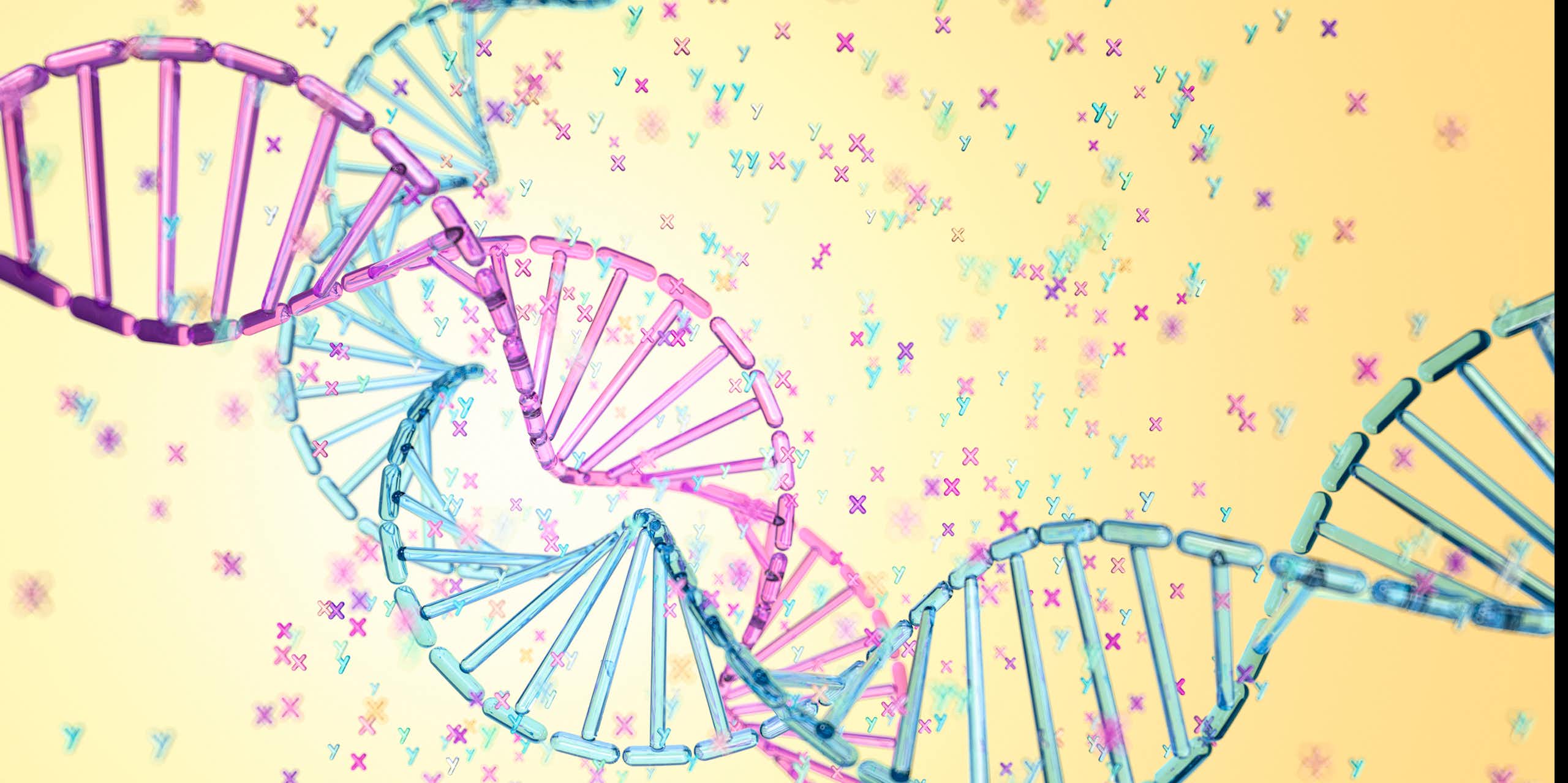 Illustration of one pink and one blue DNA helices intertwining, with pink X's and blue Y's floating around the background
