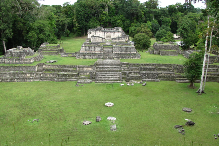 A cleared, grassy area with stone steps and ruins of monuments sits amid a forest.