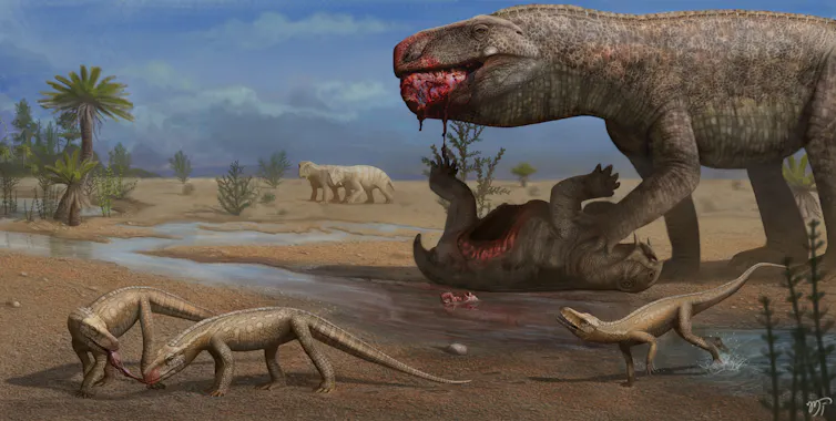 Ilustração mostra uma paisagem com poucas árvores, pode onde corre um rio. Em volta dele, várias espécies de animais pré-históricos