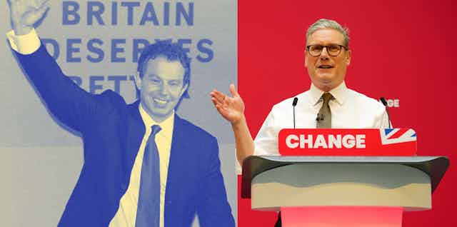 Composite of Tony Blair in the 1997 election and Keir Starmer speaks on stage at the launch of The Labour party's 2024 general election manifesto