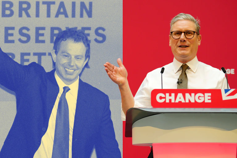 Composite of Tony Blair in the 1997 election and Keir Starmer speaks on stage at the launch of The Labour party's 2024 general election manifesto