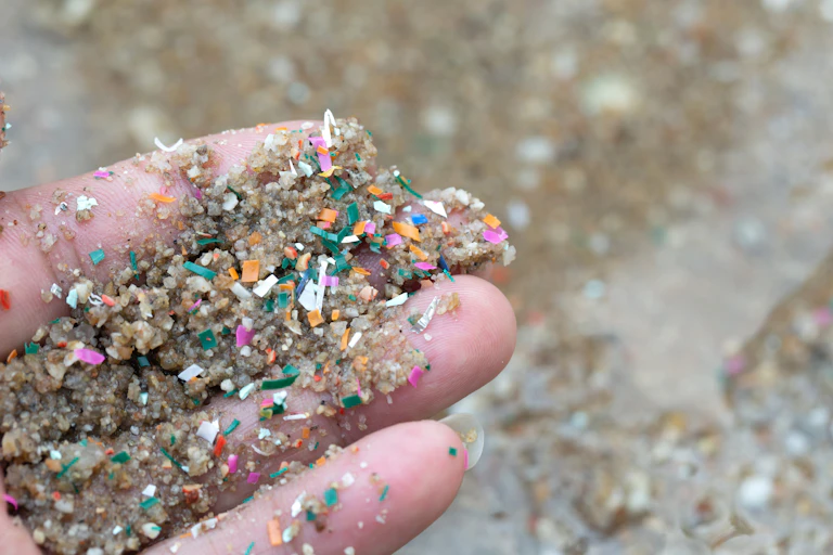 Close-up image of hands shows microplastic waste in beach sand.