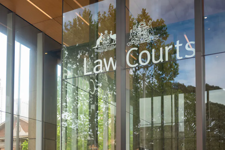 Signage of the Law Courts building in Sydney CBD.