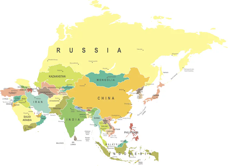 Map showing North Korea and Russia.