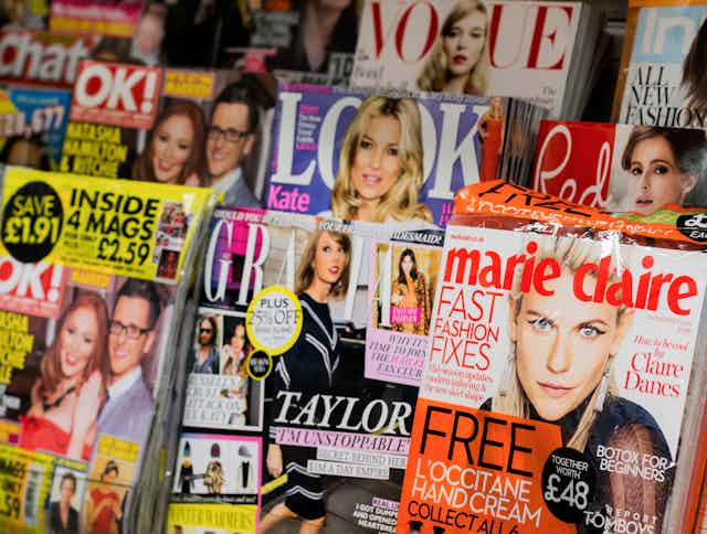Row of magazines in newsagents