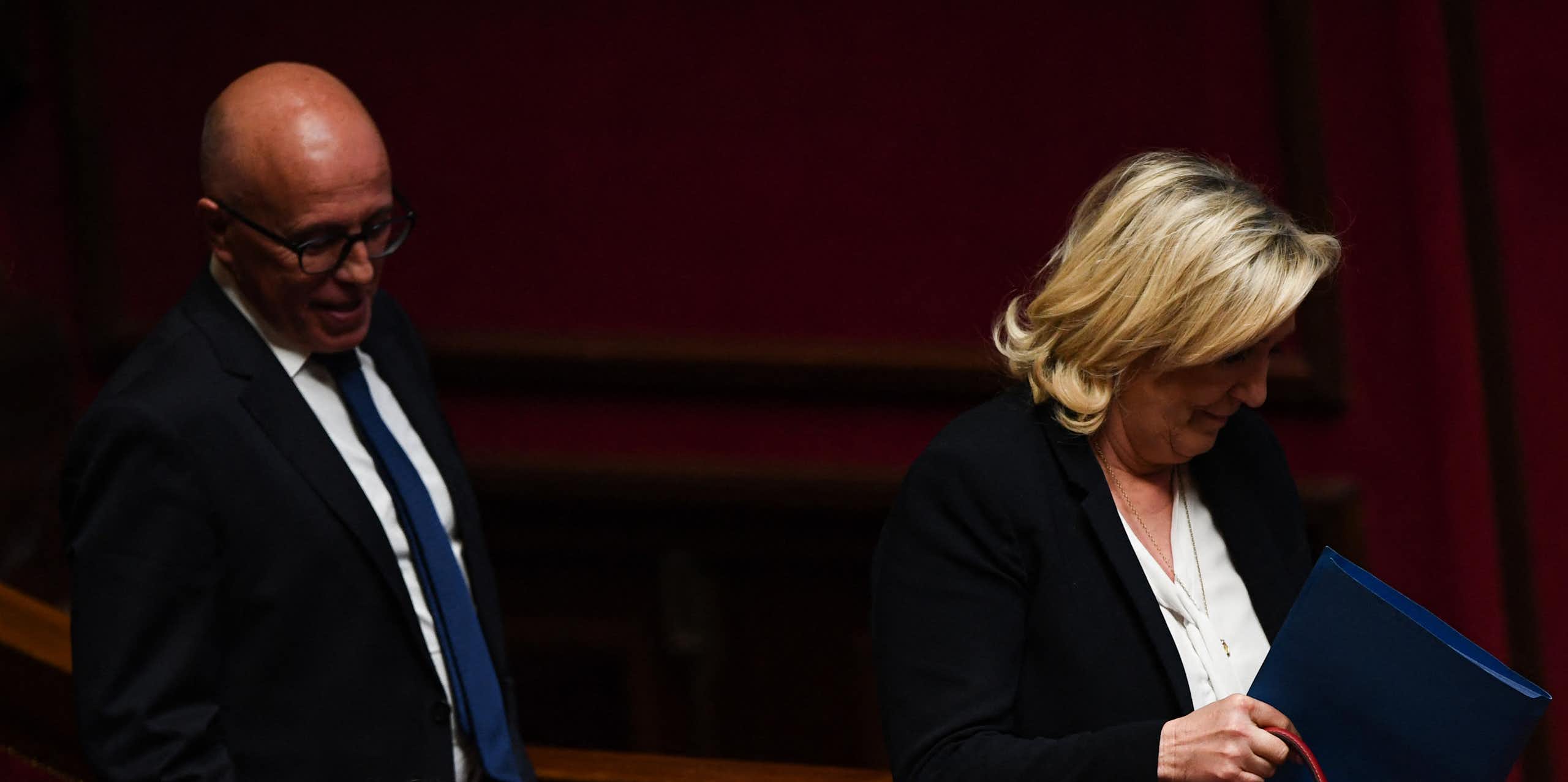 Éric Ciotti et Marine Le Pen à l'Assemblée nationale le 4 avril 2023.
