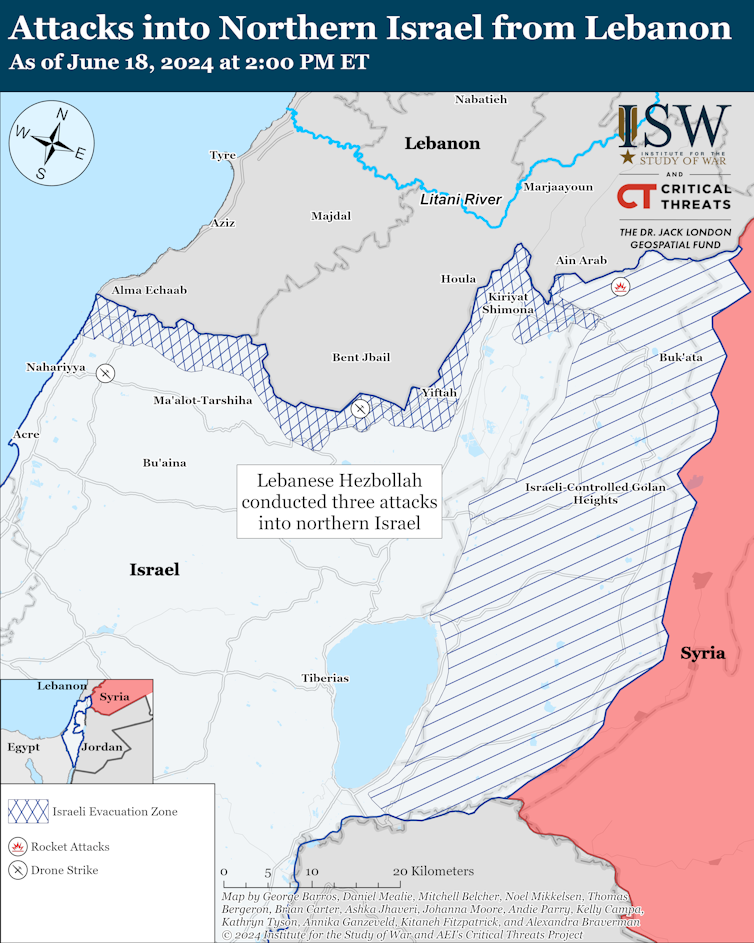 ISW map showing the conflict between Israel and Hezbollah in southern Lebanon and northern Israel.