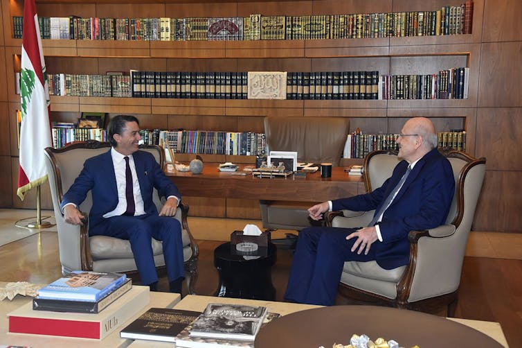 US senior adviser, Amos Hochstein sits with Lebanon's caretaker prime minister Najib Mikat in Beirut.