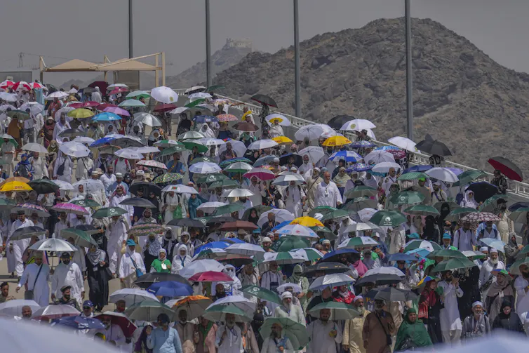 Muslim pilgrims use umbrellas to shield themselves from the sun