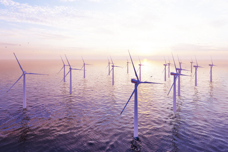 Offshore wind turbines farm on the ocean