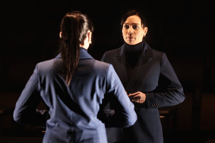 Our protagonist alienates herself from the effects of her rationalising number-crunching. Prudence Upton/Sydney Theatre Company