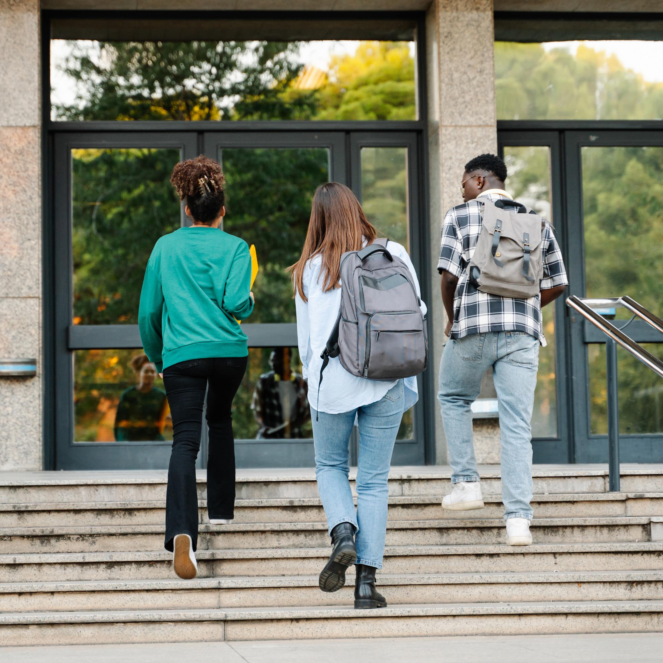 Students walking up steps to university building 
