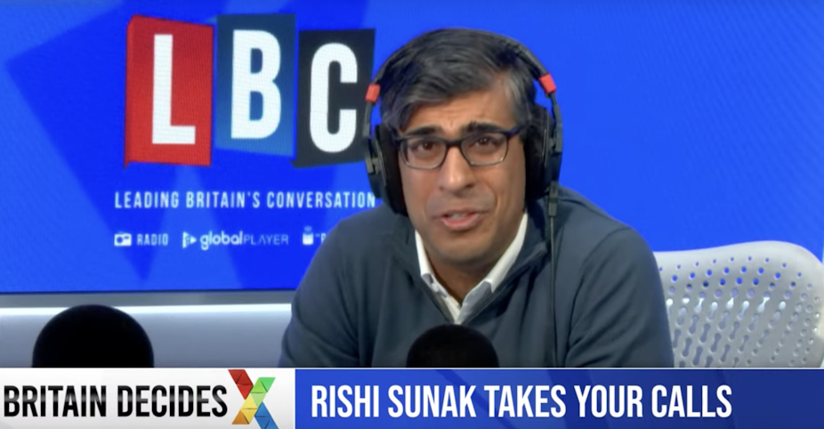 Screenshot from a radio phone in with Rishi Sunak. 