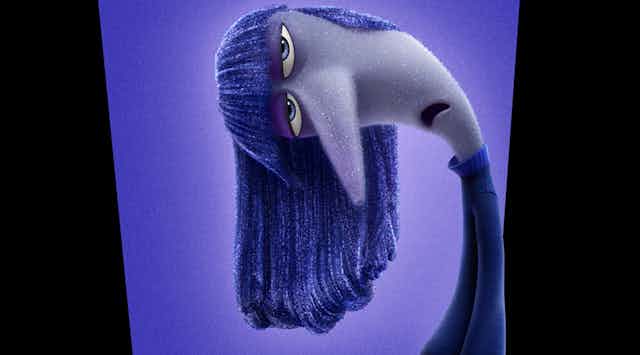 A personagem Tédio, inclinado para um lado com longos cabelos roxos