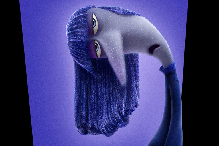 A personagem Tédio, inclinado para um lado com longos cabelos roxos