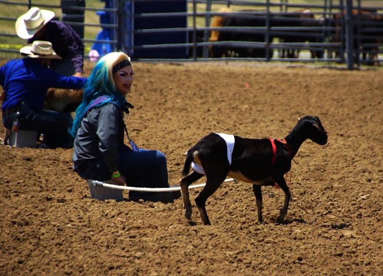 A person sits on a cinder block with a rope leading to a goat wearing white jockey-style underwear for an event called 