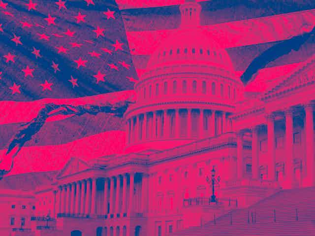 A hot pink-shaded collage of the US flag and the US Congress building, with a crack in the flag.