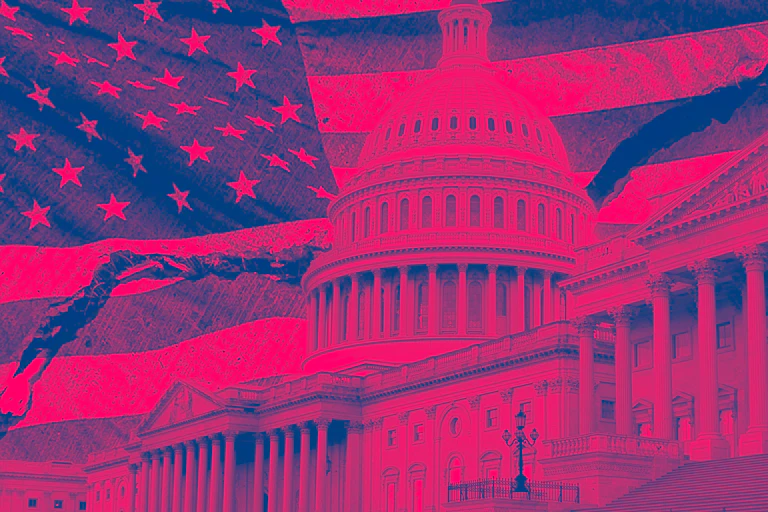 A hot pink-shaded collage of the US flag and the US Congress building, with a crack in the flag.
