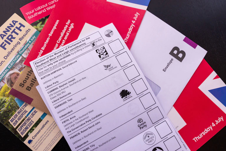 Election pamphlets and a postal voting card.