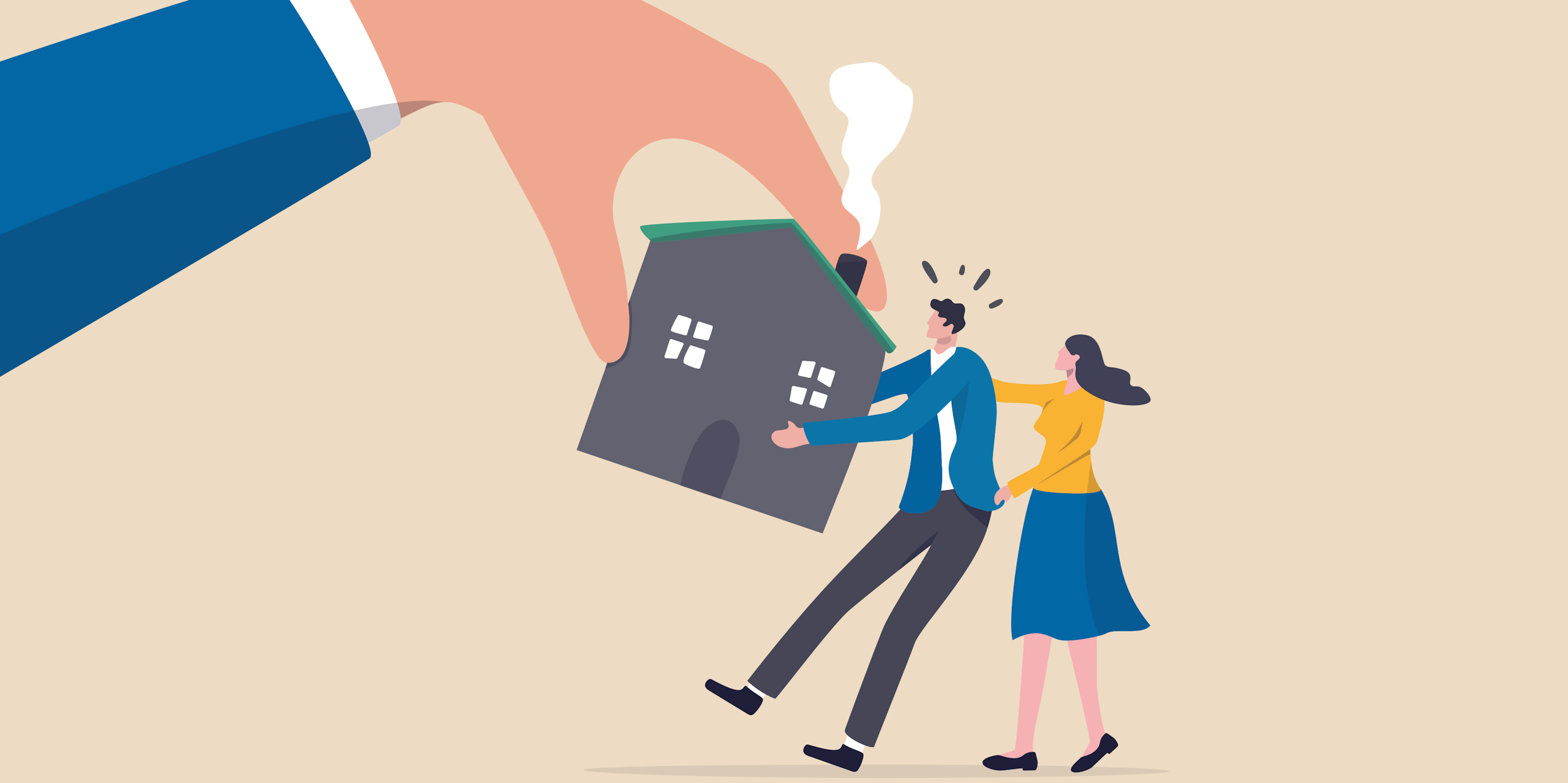 An illustration of a large hand picking up a house with a man and woman trying to hold onto a house.