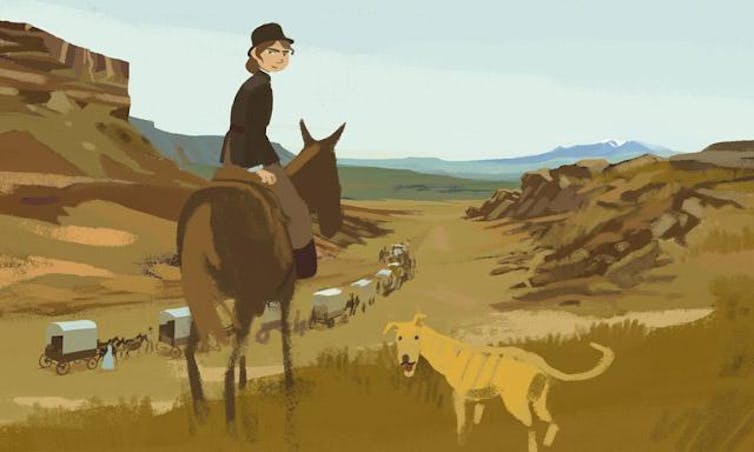 Still from an animated film, where a woman rides a horse into a valley, accompanied by a dog.