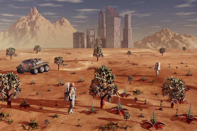 An artistic depiction of a transformed Martian surface, with astronauts, plants and trees in the foreground and buildings, Martian mountains and a blue sky in the background.