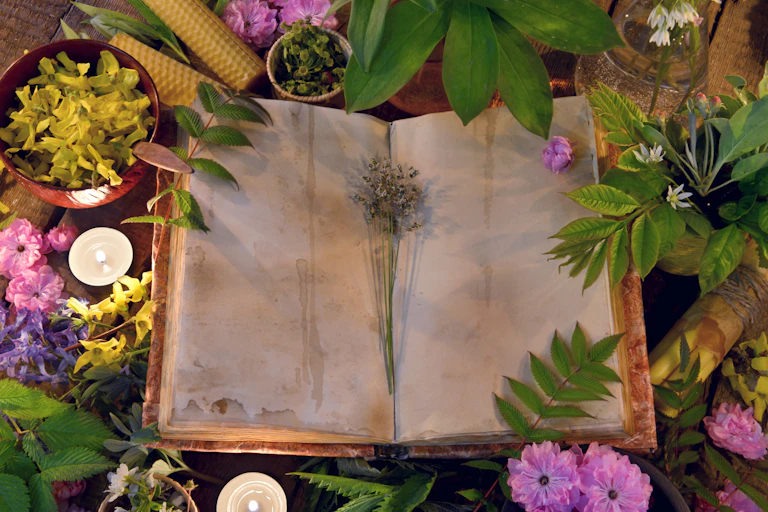 Natureza morta com livro aberto sobre uma mesa com ervas medicinais e velas.