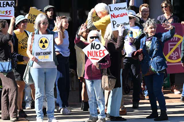A protest over Federal LNP’s nuclear energy plans at Liberal National Party headquarters in Brisbane, June 24, 2024