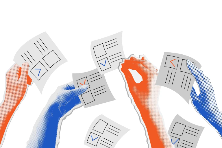 Red and blue hands holding up ballot papers