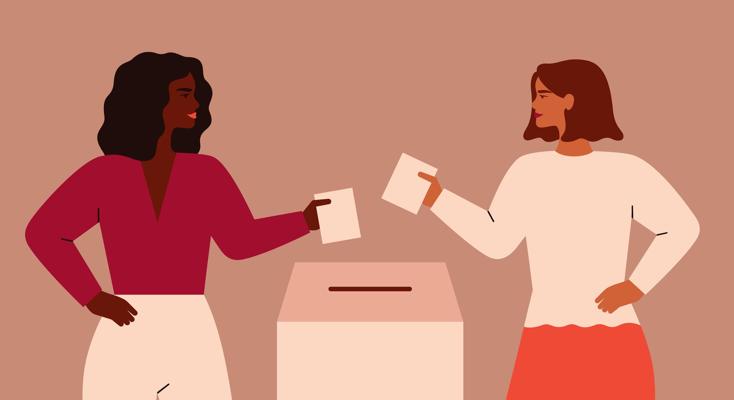Illustration in pink and brown tones of two women placing ballots into a box