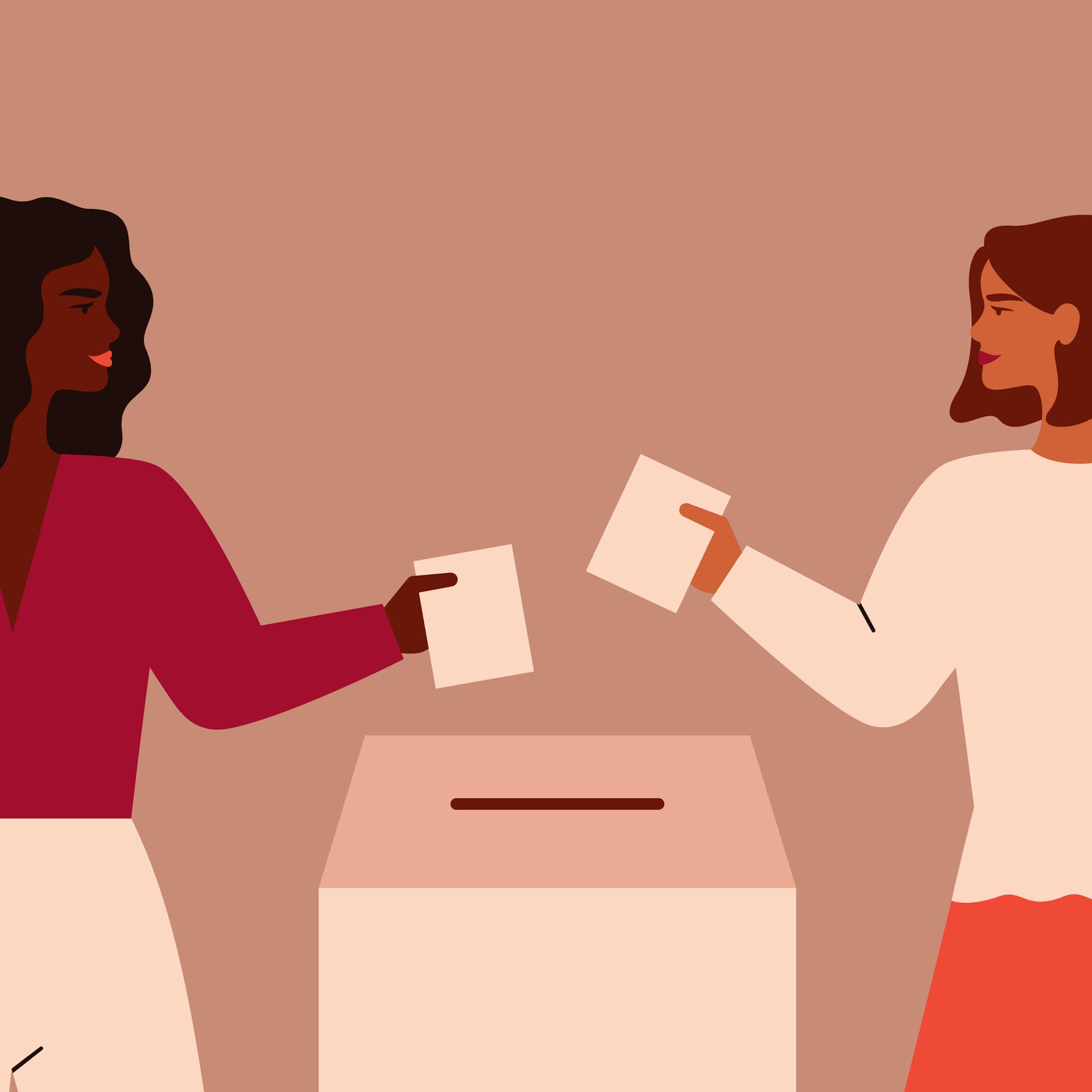 Illustration in pink and brown tones of two women placing ballots into a box