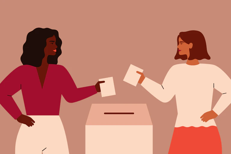 Illustration in pink and brown tones of two women placing ballots into a box