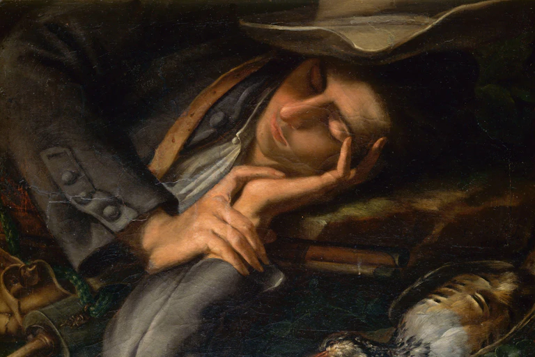 An old painting depicting a man asleep