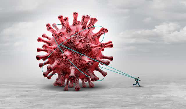 Illustration of a human figure tied to a large COVID-19 virus behind him