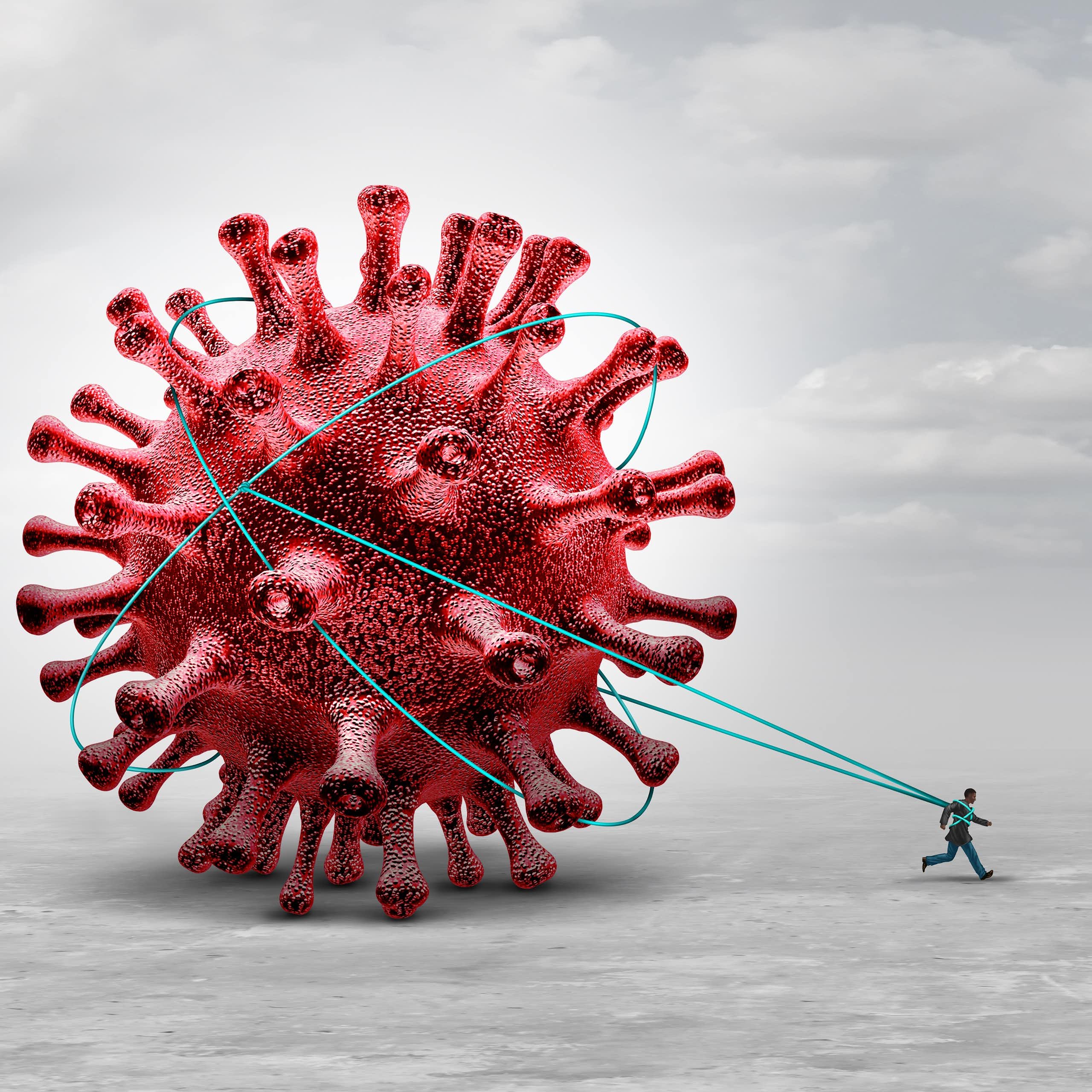 Illustration of a human figure tied to a large COVID-19 virus behind him