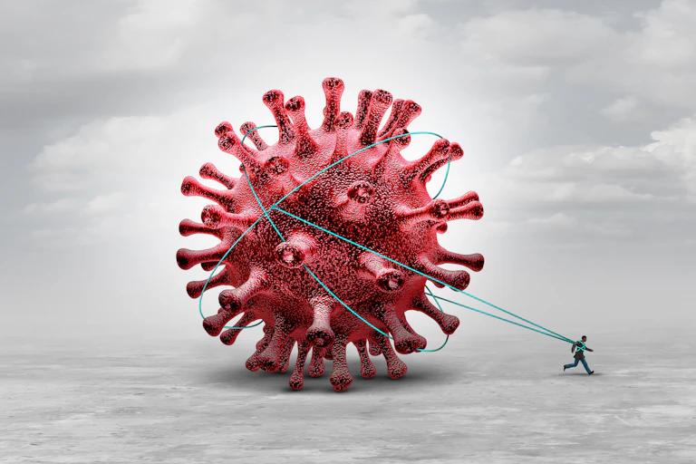 Illustration of a human figure tied to a large COVID-19 virus behind him