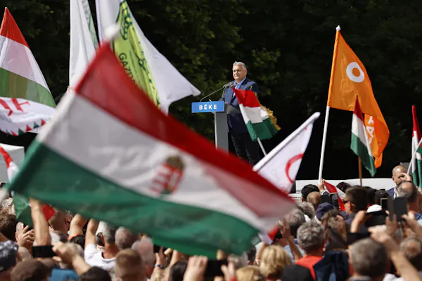 People fly flags that are red, white and green striped, while a man stands at the podium in the distance in front of the crowd.