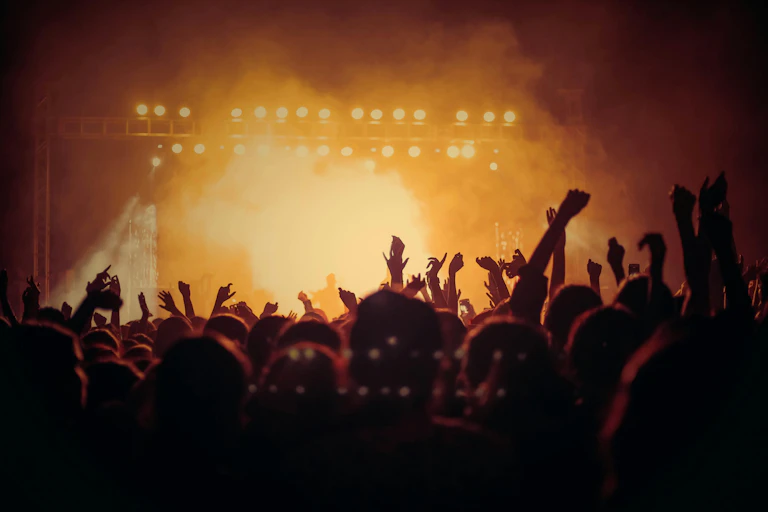 People at a festival or rave at night.
